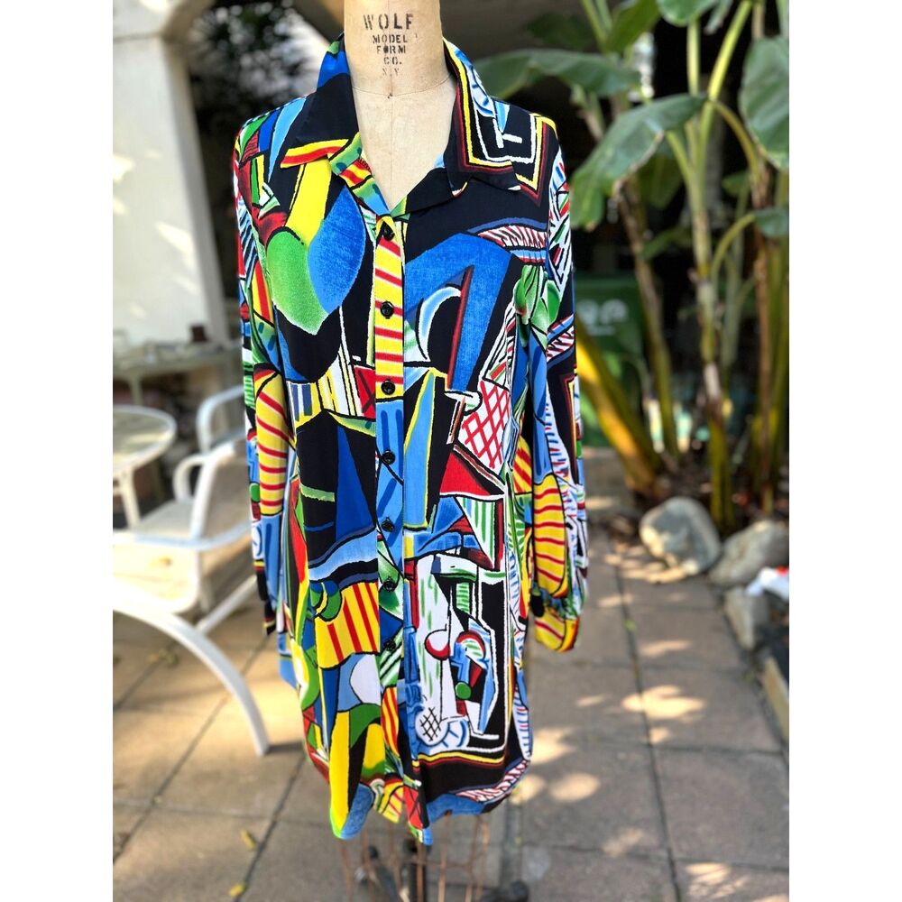 VTG Wall St Abstract Multicolor Long Sleeve Butto Down Shirt Size XL Made in USA
